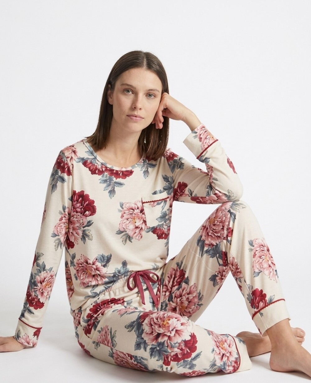2-Piece Floral Pajama Lounge Set Flora Nikrooz Women's White & Burgundy Size M